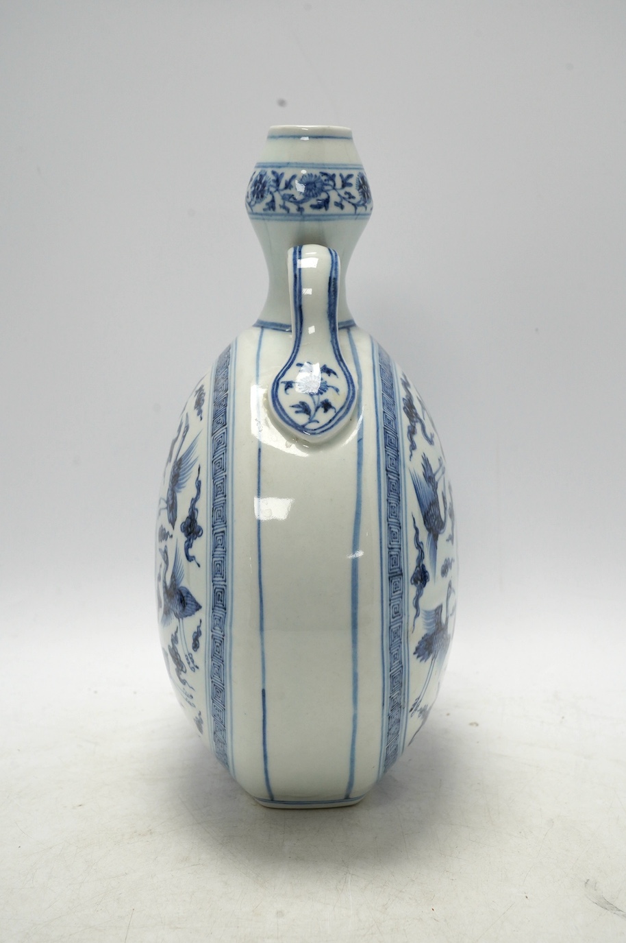 A Chinese blue and white two-handled moonflask, 30cm high. Condition - good